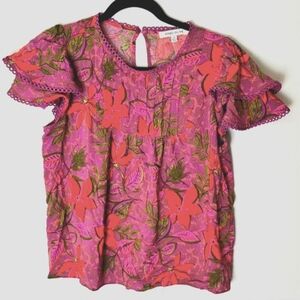 Rose + Olive Women’s Blouse Medium Purple Red Floral Print Short Sleeve Top